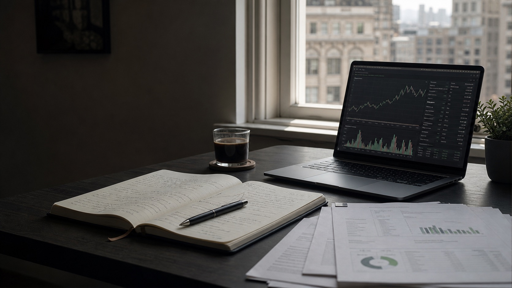 A research desk with a notebook, papers, and a laptop displaying financial charts